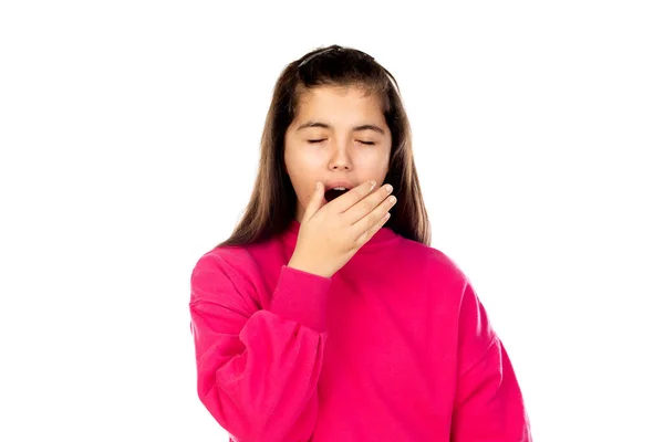 Adorable Niña Preadolescente Con Jersey Rosa Aislado Sobre Fondo Blanco — Foto de Stock