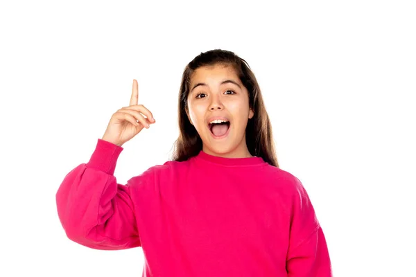 Adorável Menina Pré Adolescente Com Camisa Rosa Isolado Fundo Branco — Fotografia de Stock