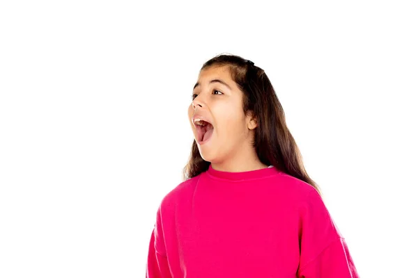 Adorable Niña Preadolescente Con Jersey Rosa Aislado Sobre Fondo Blanco —  Fotos de Stock