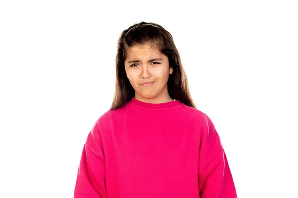 Bedårande Preteen Flicka Med Rosa Jersey Isolerad Vit Bakgrund — Stockfoto