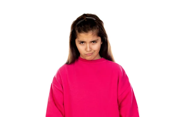 Adorável Menina Pré Adolescente Com Camisa Rosa Isolado Fundo Branco — Fotografia de Stock