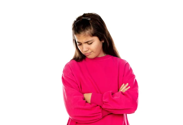 Adorável Menina Pré Adolescente Com Camisa Rosa Isolado Fundo Branco — Fotografia de Stock