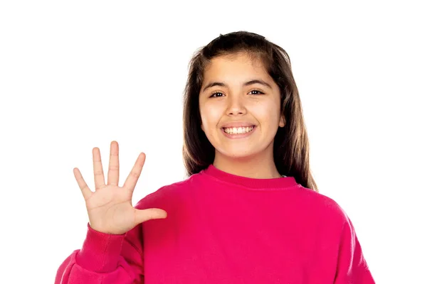 Adorável Menina Pré Adolescente Com Camisa Rosa Isolado Fundo Branco — Fotografia de Stock