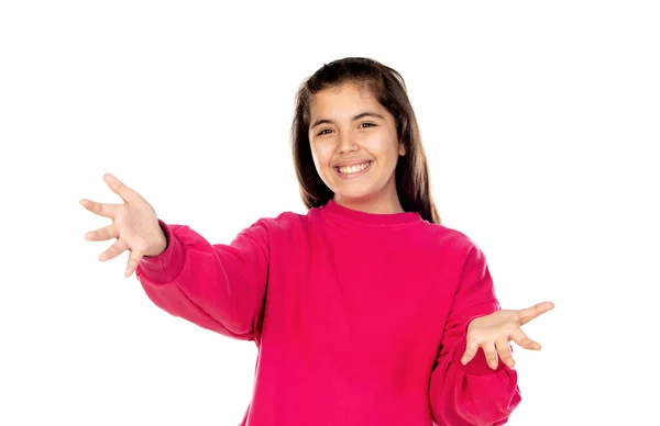 Adorável Menina Pré Adolescente Com Camisa Rosa Isolado Fundo Branco — Fotografia de Stock