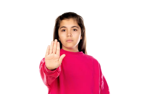 Schattig Mooi Meisje Met Roze Trui Geïsoleerd Een Witte Achtergrond — Stockfoto