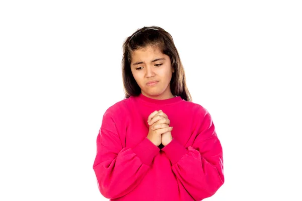 Adorável Menina Pré Adolescente Com Camisa Rosa Isolado Fundo Branco — Fotografia de Stock