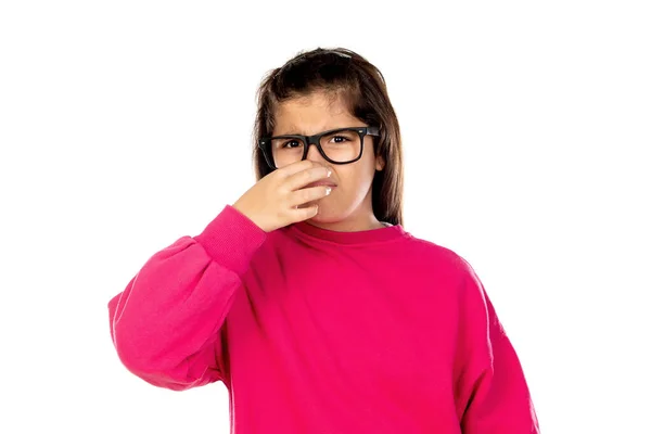 Urocza Nastolatka Różową Koszulką Odizolowana Białym Tle — Zdjęcie stockowe