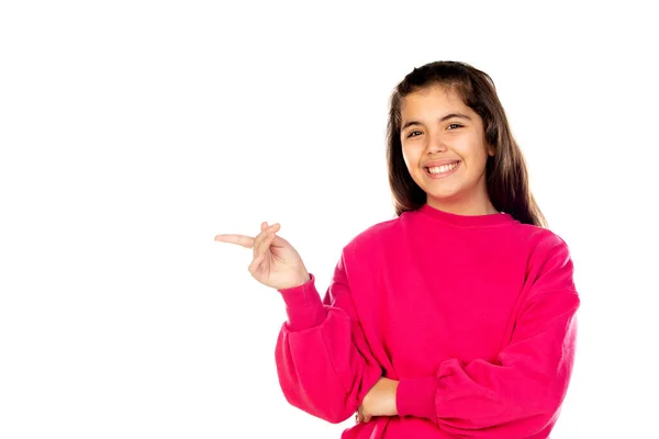 Adorável Menina Pré Adolescente Com Camisa Rosa Isolado Fundo Branco — Fotografia de Stock