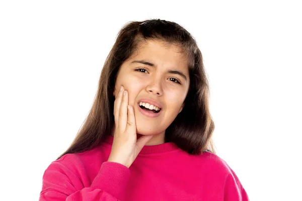 Schattig Mooi Meisje Met Roze Trui Geïsoleerd Een Witte Achtergrond — Stockfoto