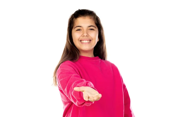 Schattig Mooi Meisje Met Roze Trui Geïsoleerd Een Witte Achtergrond — Stockfoto