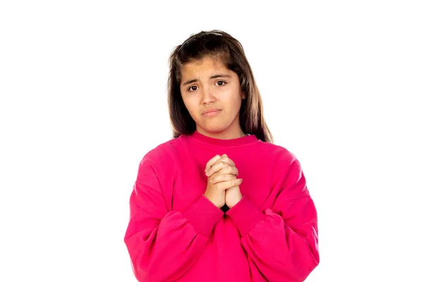 Adorable Preteen Girl Pink Jersey Isolated White Background — Stock Photo, Image