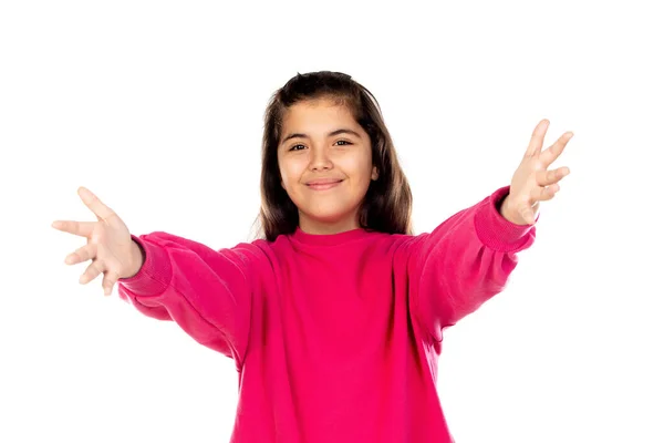 Adorável Menina Pré Adolescente Com Camisa Rosa Isolado Fundo Branco — Fotografia de Stock