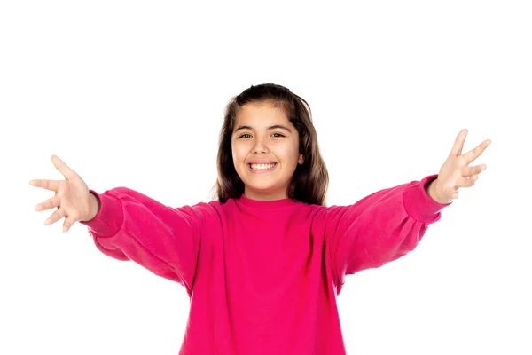 Adorável Menina Pré Adolescente Com Camisa Rosa Isolado Fundo Branco — Fotografia de Stock