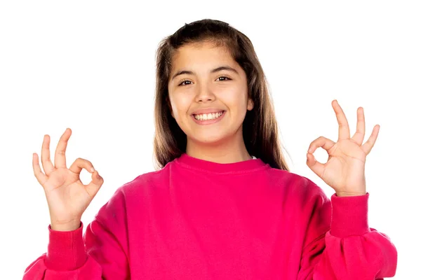 Urocza Nastolatka Różową Koszulką Odizolowana Białym Tle — Zdjęcie stockowe