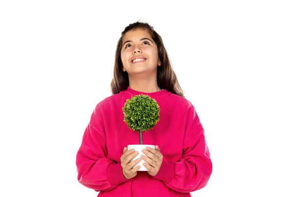 Adorável Menina Pré Adolescente Com Camisa Rosa Isolado Fundo Branco — Fotografia de Stock