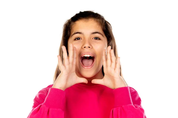 Adorável Menina Pré Adolescente Com Camisa Rosa Isolado Fundo Branco — Fotografia de Stock