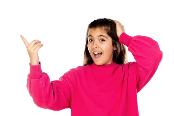 Adorável Menina Pré Adolescente Com Camisa Rosa Isolado Fundo Branco — Fotografia de Stock