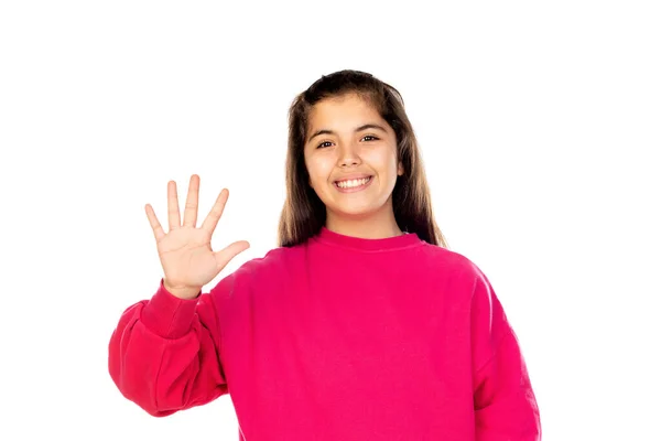 Adorável Menina Pré Adolescente Com Camisa Rosa Isolado Fundo Branco — Fotografia de Stock