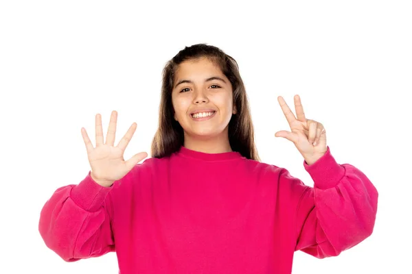 Adorável Menina Pré Adolescente Com Camisa Rosa Isolado Fundo Branco — Fotografia de Stock