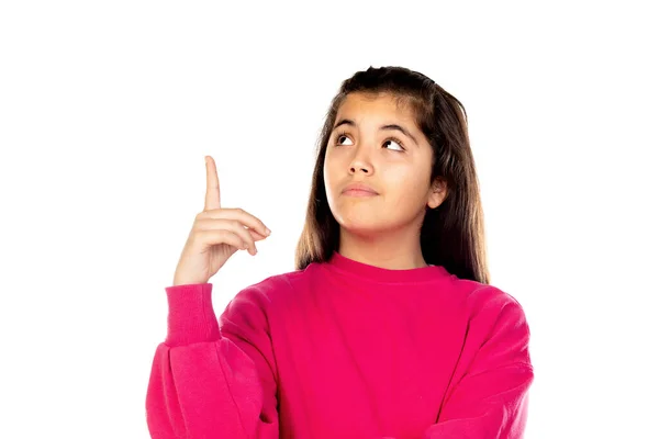 Adorável Menina Pré Adolescente Com Camisa Rosa Isolado Fundo Branco — Fotografia de Stock