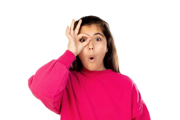 Adorável Menina Pré Adolescente Com Camisa Rosa Isolado Fundo Branco — Fotografia de Stock