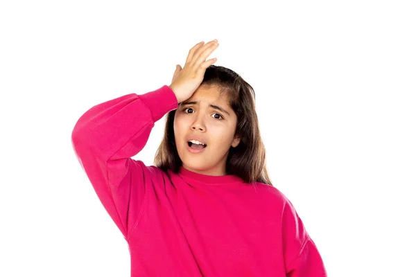 Adorável Menina Pré Adolescente Com Camisa Rosa Isolado Fundo Branco — Fotografia de Stock