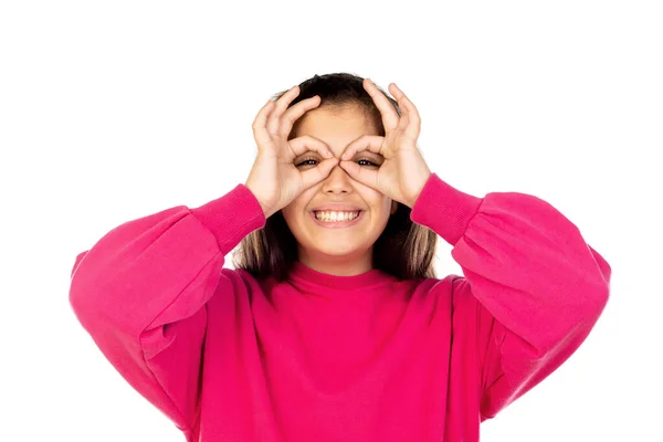 Schattig Mooi Meisje Met Roze Trui Geïsoleerd Een Witte Achtergrond — Stockfoto