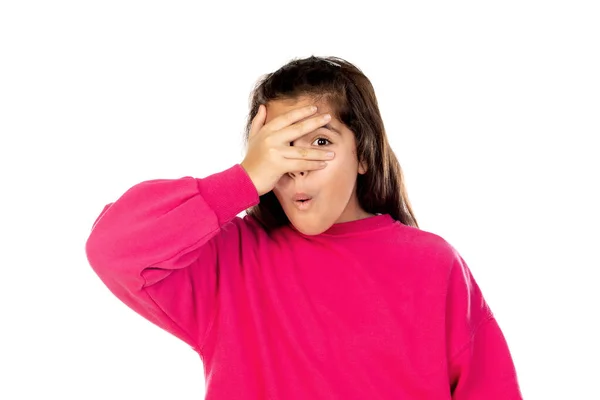 Adorável Menina Pré Adolescente Com Camisa Rosa Isolado Fundo Branco — Fotografia de Stock