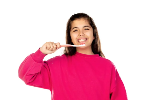 Adorável Menina Pré Adolescente Com Camisa Rosa Isolado Fundo Branco — Fotografia de Stock