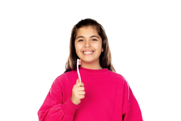 Adorável Menina Pré Adolescente Com Camisa Rosa Isolado Fundo Branco — Fotografia de Stock