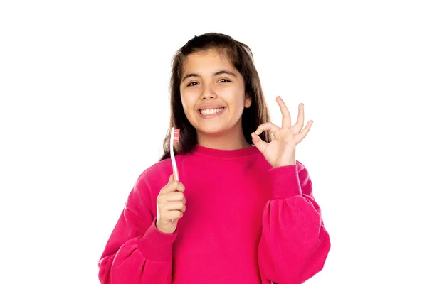 Adorável Menina Pré Adolescente Com Camisa Rosa Isolado Fundo Branco — Fotografia de Stock