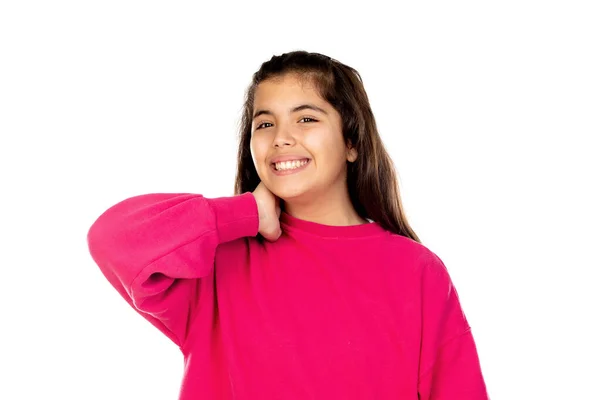 Adorável Menina Pré Adolescente Com Camisa Rosa Isolado Fundo Branco — Fotografia de Stock