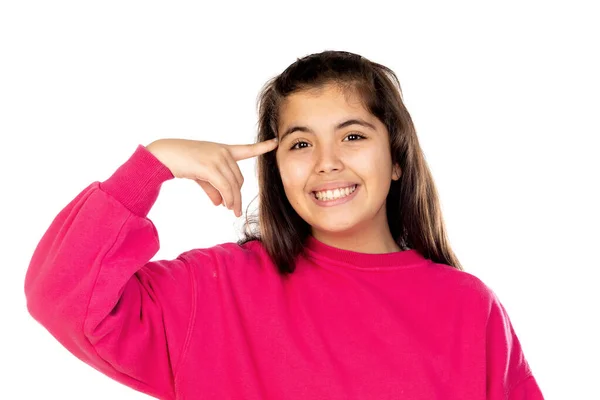 Adorável Menina Pré Adolescente Com Camisa Rosa Isolado Fundo Branco — Fotografia de Stock