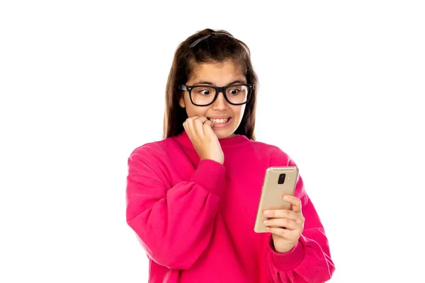 Menina Adorável Com Telefone Celular Isolado Fundo Branco — Fotografia de Stock