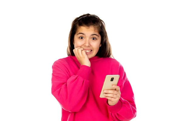 Menina Adorável Com Telefone Celular Isolado Fundo Branco — Fotografia de Stock