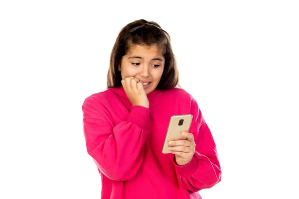 Menina Adorável Com Telefone Celular Isolado Fundo Branco — Fotografia de Stock