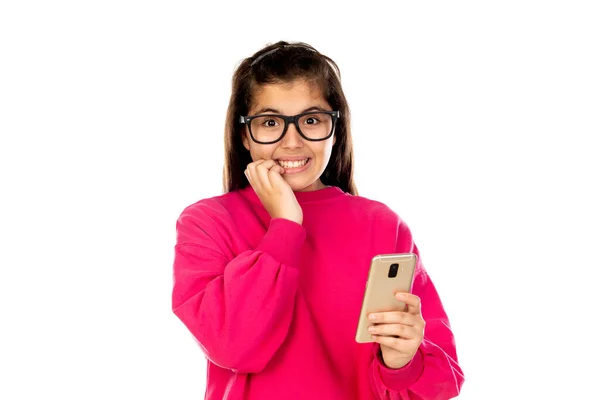 Очаровательная Молодая Девушка Мобильным Телефоном Изолирована Белом Фоне — стоковое фото
