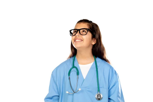 Lustige Mädchen Mit Blauer Arztuniform Isoliert Auf Weißem Hintergrund — Stockfoto