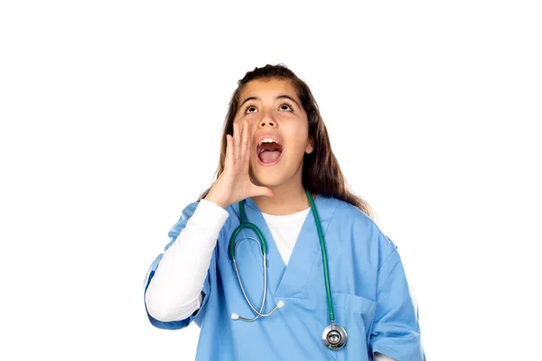 Vicces Lány Kék Orvos Egyenruha Elszigetelt Fehér Háttér — Stock Fotó