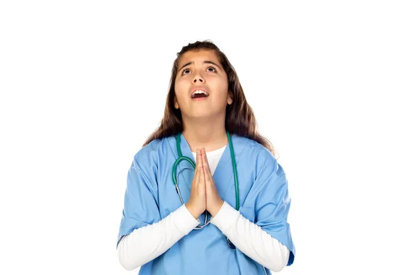 Rolig Flicka Med Blå Läkare Uniform Isolerad Vit Bakgrund — Stockfoto