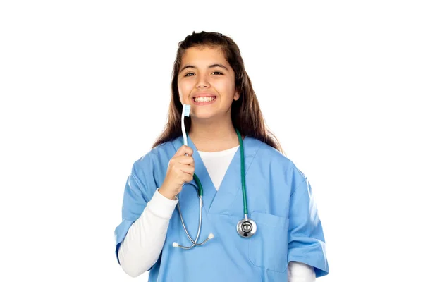 Menina Engraçada Com Dentista Azul Isolado Fundo Branco — Fotografia de Stock