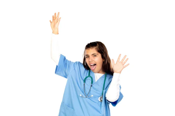 Ragazza Divertente Con Uniforme Medico Blu Isolato Uno Sfondo Bianco — Foto Stock