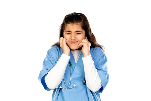 Menina Engraçada Com Uniforme Médico Azul Isolado Fundo Branco — Fotografia de Stock