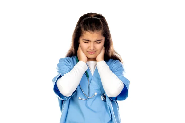 Triest Meisje Met Blauw Arts Uniform Geïsoleerd Een Witte Achtergrond — Stockfoto