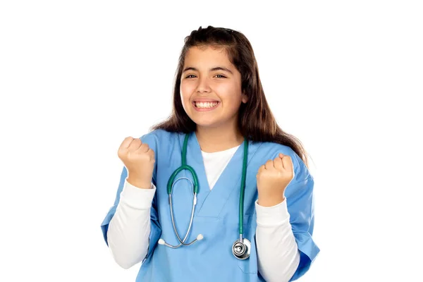 Menina Engraçada Com Uniforme Médico Azul Isolado Fundo Branco — Fotografia de Stock
