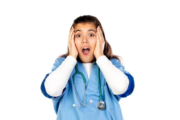 Funny Girl Blue Doctor Uniform Isolated White Background — Stock Photo, Image
