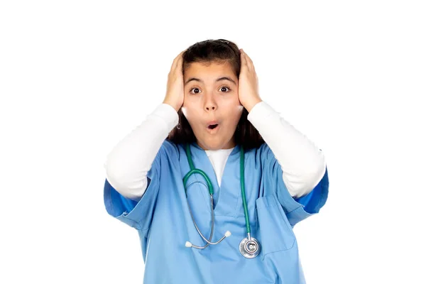 Ragazza Divertente Con Uniforme Medico Blu Isolato Uno Sfondo Bianco — Foto Stock