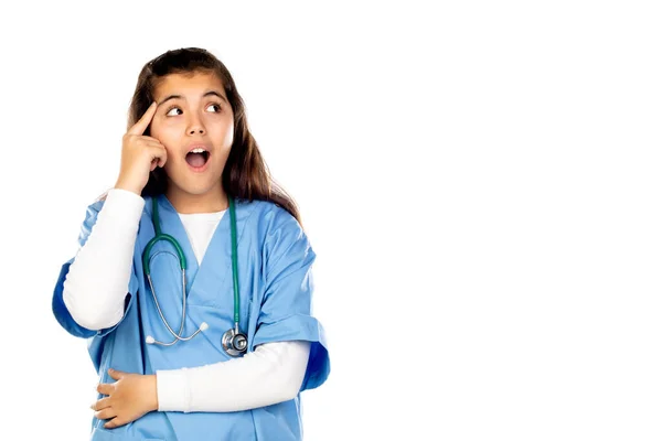 Ragazza Divertente Con Uniforme Medico Blu Isolato Uno Sfondo Bianco — Foto Stock