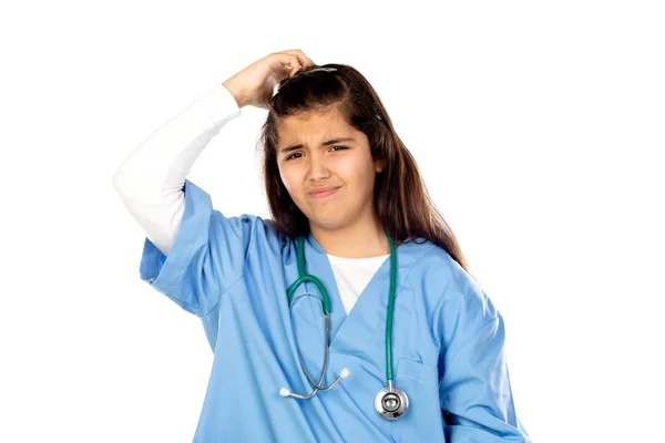 Funny Girl Blue Doctor Uniform Isolated White Background — Stock Photo, Image