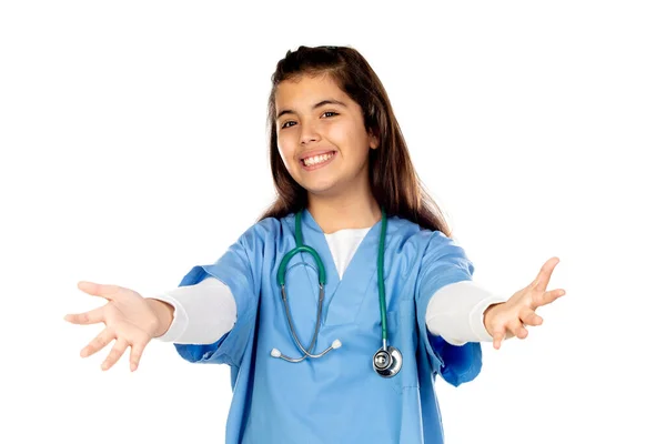 Ragazza Divertente Con Uniforme Medico Blu Isolato Uno Sfondo Bianco — Foto Stock